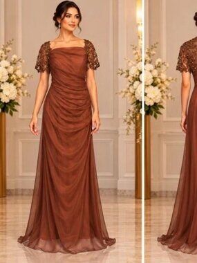 Jade Couture by Jasmine Coffee Brown Embellished Chiffon Gown